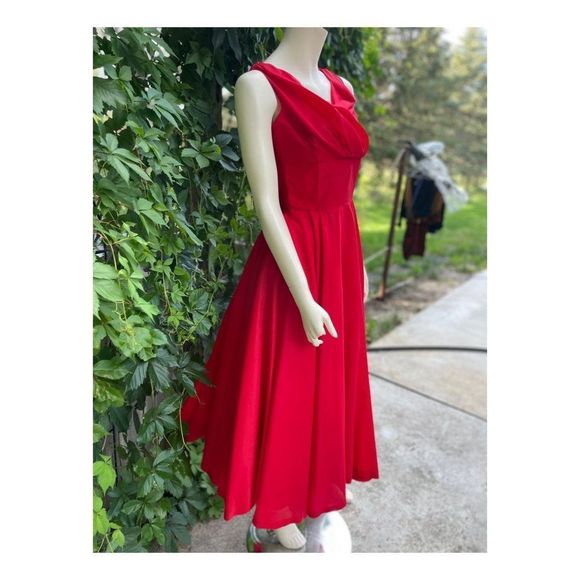 1950's Red Taffeta Ball Gown Formal New Look Surplice Neckline Flared Skirt Bone - Picture 3 of 10